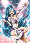  1girl amazon_pandora blue_hair breasts clenched_hand collarbone detached_sleeves eyeshadow heart kicdon kid_icarus kid_icarus_uprising looking_at_viewer makeup navel one_eye_closed open_mouth pandora_(kid_icarus) ponytail red_eyes smile solo 