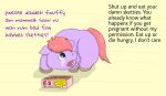  abortion abuse box carpdime container english_text female feral fluffy_pony food hair offscreen_character pregnant red_hair solo text wood_floor 