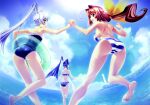  3girls ahoge ass bikini blue_eyes blue_hair blush bou bow breasts grey_hair hair_bow hair_intakes high_ponytail highres holding_hands kagami_sumika long_hair looking_at_viewer low_ponytail mitsurugi_meiya multiple_girls muvluv muvluv_alternative official_art open_mouth ponytail red_eyes red_hair smile striped striped_bikini swimsuit twintails yashiro_kasumi yellow_bow 