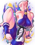  1girl belt black_belt blue_bodysuit blue_eyes blue_socks bodysuit breasts collarbone commentary croissama dougi english_commentary feet from_side highres imminent_kick impossible_bodysuit impossible_clothes large_breasts lips manon_legrand martial_arts_belt nail_polish off_shoulder pink_hair red_nails short_hair_with_long_locks sideboob socks solo standing standing_on_one_leg street_fighter street_fighter_6 thick_thighs thighs toeless_legwear toenail_polish toenails toes wristband 