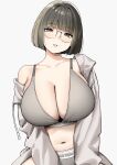  1girl blunt_bangs blush breasts calvin_klein cleavage collarbone commentary glasses green_eyes grey_hair head_tilt highres huge_breasts jacket long_sleeves looking_at_viewer navel off_shoulder original parted_lips short_hair single_bare_shoulder sky-freedom smile sports_bra 