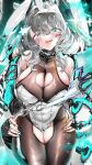  :q absurdres adapted_costume animal_ears aqua_eyes arknights ass_visible_through_thighs bare_shoulders blush bodystocking_under_clothes breasts cleavage cleavage_cutout clothing_cutout cowboy_shot fake_animal_ears fang fingernails grey_hair hairband highres ho&#039;olheyak_(arknights) large_breasts leotard long_fingernails long_hair looking_at_viewer open_mouth playboy_bunny rabbit_ears sparkle star_(symbol) tekona0 thigh_gap tongue tongue_out white_hairband white_leotard 