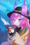  1girl animal_ears black_headwear cleo_(dragalia_lost) cup dragalia_lost eyelashes hair_between_eyes hat highres holding holding_cup jacket long_hair long_sleeves official_alternate_costume official_alternate_hairstyle parted_lips pink_eyes pink_hair rabbit_ears shirt sleeves_past_wrists solo steam very_long_hair yamaharu_(mitarasi0013) 