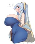  ... 1girl absurdres blonde_hair blue_dress blue_eyes blue_hair blush breasts dress from_side gradient_hair highres holding_own_arm huge_breasts impossible_clothes impossible_dress league_of_legends light_blue_hair long_hair multicolored_hair off_shoulder sketch solo sona_(league_of_legends) spoken_ellipsis very_long_hair yabby 