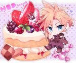  1boy armor asymmetrical_hair baggy_pants birthday_cake blackberry_(fruit) blonde_hair blue_eyes blue_pants blue_shirt boots brown_footwear brown_gloves cake candy character_name chibi cloud_strife dated earrings final_fantasy final_fantasy_vii final_fantasy_vii_remake food fork fruit gloves happy_birthday holding holding_fork jewelry looking_at_viewer male_focus pants polka_dot polka_dot_background shirt short_hair shoulder_armor single_earring sleeveless sleeveless_turtleneck solo spiked_hair strawberry suspenders ttnoooo turtleneck wrapped_candy 