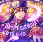  1boy black_nails brown_hair chi_yu commentary_request cross dated ensemble_stars! fang fingernails happy_birthday headset jack-o&#039;-lantern long_sleeves looking_at_viewer male_focus morisawa_chiaki official_alternate_costume red_eyes short_hair solo sweet_halloween_(ensemble_stars!) tongue tongue_out upper_body window 