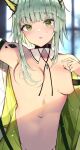  1girl animal_ears arknights bare_shoulders blunt_bangs blurry blurry_background blush breasts collarbone commentary_request detached_collar green_eyes green_hair hair_over_breasts hair_over_one_breast highres kal&#039;tsit_(arknights) kyuu_(plastic_night_q) looking_at_viewer medium_breasts navel open_clothes solo 