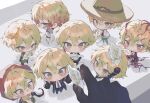  1boy 1other absurdres blonde_hair chibi dante_(limbus_company) devy_lobotomy hat highres korean_commentary limbus_company male_focus necktie official_alternate_costume project_moon red_necktie shirt short_hair sinclair_(limbus_company) smile sombrero suit white_shirt 