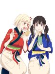  2girls :d black_hair blonde_hair blue_bow blue_kimono blush bob_cut bow calligraphy_brush closed_mouth commentary hair_ribbon highres holding holding_brush holding_tanzaku inoue_takina japanese_clothes kimono long_hair looking_at_another lycoris_recoil multiple_girls nishikigi_chisato official_alternate_costume one_side_up open_mouth paintbrush purple_eyes red_bow red_eyes red_kimono red_ribbon ribbon sash seiza short_hair short_sleeves simple_background sitting skirt smile sweatdrop tanzaku teeth twintails upper_teeth_only variant_set white_background wide_sleeves yellow_skirt yomo_(moo_777_moo) 