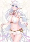  1girl :o albion_(azur_lane) azur_lane blue_eyes breasts bridal_gauntlets clothes_lift covered_nipples cowboy_shot detached_collar earrings elbow_gloves elf floral_background gloves gold_trim hair_ornament highres huge_breasts jewelry long_hair looking_at_viewer microskirt midriff navel no_panties open_mouth pointy_ears revealing_clothes sai-go see-through see-through_skirt skirt skirt_hold skirt_lift solo very_long_hair white_background white_gloves white_hair white_skirt 