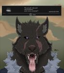  2022 anthro blaidd_(elden_ring) bodily_fluids canid canine canis dialogue drooling elden_ring eye_scar facial_scar fangs fromsoftware front_view fur headshot_portrait looking_at_viewer male mammal marcushunter open_mouth portrait saliva saliva_on_tongue saliva_string scar signature solo teeth text text_box tongue tongue_out wolf 