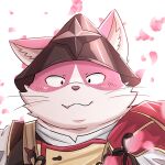  1:1 anthro armor blush bungo_(tamacolle) cherry_blossom domestic_cat felid feline felis fur headgear helmet hi_res japanese_text looking_at_viewer male mammal novembe41511045 overweight pink_body pink_fur plant snaggletooth_(disambiguation) solo tamacolle text 