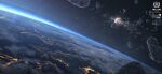  artist_logo asteroid debris earth_(planet) english_text explosion highres no_humans original planet rock scenery science_fiction space spacecraft twitter_username yucong_tang zero_gravity 