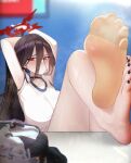  1girl absurdres armpits arms_up barefoot black_choker black_nails black_socks blue_archive blue_background breasts brown_hair brown_socks choker closed_mouth commentary_request eyelashes feet feet_on_table foot_focus foreshortening hair_between_eyes hasumi_(blue_archive) hasumi_(track)_(blue_archive) highres holding holding_clothes holding_legwear knees_up large_breasts legs long_hair looking_at_viewer nail_polish red_eyes red_hair see-through see-through_legwear shirt single_sock smell socks soles solo steaming_body thighs toenail_polish toenails toes unworn_socks ursica variant_set white_shirt 
