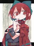  1girl black_shirt blue_bow blush bow breasts cape closed_mouth hair_between_eyes hair_bow long_sleeves massakasama medium_breasts red_cape red_eyes red_hair red_skirt sekibanki shirt short_hair skirt solo touhou upper_body 