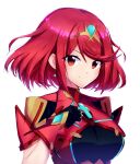  1girl absurdres black_gloves breasts chest_jewel circlet closed_mouth core_crystal_(xenoblade) earrings fingerless_gloves gloves highres impossible_clothes jewelry large_breasts looking_at_viewer pyra_(xenoblade) red_eyes red_hair short_hair simple_background smile solo split_mouth swept_bangs tsukinaga white_background xenoblade_chronicles_(series) xenoblade_chronicles_2 