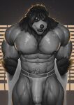  abs absurd_res anthro bear big_bulge big_pecs bulge clothed clothing earthist genital_outline greyscale hi_res jockstrap looking_at_viewer male mammal monochrome muscular muscular_anthro muscular_male nipples pecs penis_outline red_eyes solo standing underwear underwear_only undressing 
