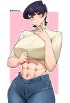  1girl abs absurdres black_hair blush clothes_lift cromwellb denim highres jeans komi-san_wa_komyushou_desu komi_shuuko looking_at_viewer mature_female muscular muscular_female pants pink_background shirt_lift short_hair signature solo sweater turtleneck white_background 