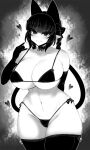  1girl animal_ears bikini blunt_bangs braid breasts cat_ears curvy greyscale haseru_(ginku_mh) heart huge_breasts kaenbyou_rin monochrome multiple_tails navel nekomata pointy_ears solo swimsuit tail thick_thighs thighhighs thighs touhou two_tails 