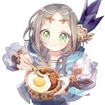  1girl atelier_(series) atelier_firis blue_jacket blush bowl braid brown_hair closed_mouth commentary_request crystal_hair_ornament eating firis_mistlud food fried_egg green_eyes grey_hair holding holding_bowl holding_spoon hood hood_down jacket long_hair long_sleeves meat parted_bangs rice sanpo simple_background single_braid solo spoon upper_body white_background 