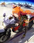  1girl aircraft airplane american_flag artist_name aviator_sunglasses black_footwear bomber_jacket dated english_text estrella_(uypu4574) f-14_tomcat fighter_jet green_jacket hangar highres jacket jet leaning_forward long_sleeves mayano_top_gun_(umamusume) military military_vehicle motor_vehicle motorcycle orange_eyes orange_hair patch shadow shorts solo sunglasses top_gun top_gun:_maverick umamusume white_shorts 