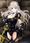  1girl absurdres armor black_gloves black_thighhighs breasts brick_wall cleavage commission corrin_(female)_(fire_emblem) corrin_(fire_emblem) detached_collar fire_emblem fire_emblem_fates gloves grey_hair groin hair_between_eyes hair_ornament hairband highres huge_breasts leotard long_hair looking_at_viewer nao_takami official_alternate_costume pointy_ears red_eyes skeb_commission solo thighhighs 
