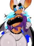  2023 anthro bat blush breasts cleavage clothed clothing eyeshadow female fur gloves green_eyes handwear hi_res makeup mammal one_eye_closed rouge_the_bat sega simple_background solo sonic_the_hedgehog_(series) tan_body tan_skin usa37107692 white_body white_fur wings wink 