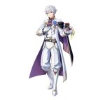  1boy blue_flower blue_rose coat fire_emblem fire_emblem_awakening fire_emblem_heroes flower formal grey_eyes highres holding holding_jewelry holding_ring jewelry kano_akira looking_at_viewer male_focus official_art ring robin_(fire_emblem) robin_(male)_(fire_emblem) robin_(male)_(groom)_(fire_emblem) rose smile solo suit wedding_ring white_coat white_footwear white_hair white_suit 