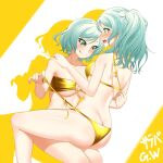  2girls :q absurdres alternate_hairstyle aqua_hair ass bang_dream! bare_arms bare_legs bare_shoulders bikini blush bow braid breasts butt_crack cleavage closed_mouth collarbone commentary_request drop_shadow dutch_angle feet_out_of_frame fingernails girl_on_top gold_bikini green_eyes hair_bow hair_ribbon halterneck hand_on_another&#039;s_shoulder hands_up heart heart-shaped_pupils high_ponytail highres hikawa_hina hikawa_sayo incest invisible_chair large_breasts long_hair looking_at_another looking_at_breasts looking_down medium_breasts multiple_girls nose_blush o-ring o-ring_bikini o-ring_top open_mouth profile ribbon short_hair shoulder_blades siblings side-tie_bikini_bottom side_braid side_ponytail sisters sitting sitting_on_lap sitting_on_person smile strapless strapless_bikini swept_bangs swimsuit symbol-shaped_pupils teeth tongue tongue_out twincest twins two-tone_background untied untied_bikini untying upper_teeth_only v-shaped_eyebrows white_background white_ribbon yellow_background yellow_bow you-q_(youq14) yuri 