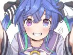  1girl animal_ears blue_eyes blue_hair bow commentary_request grin hair_between_eyes hair_ornament heterochromia highres horse_ears horse_girl horseshoe_ornament light_blush long_hair long_sleeves looking_at_viewer multicolored_hair pov purple_eyes purple_serafuku purple_shirt rakugakiraid sailor_collar school_uniform serafuku sharp_teeth shirt signature simple_background smile solo speech_bubble teeth thick_eyebrows tracen_school_uniform twin_turbo_(umamusume) twintails umamusume upper_body very_long_hair white_background white_bow winter_uniform 