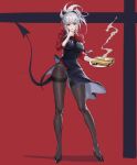  1girl absurdres apron black_apron black_footwear black_tail blunt_bangs breasts chocolate commentary crepe demon_girl demon_horns demon_tail derivative_work english_commentary food food_on_face full_body helltaker high_heels highres horns large_breasts legs long_legs lucifer_(helltaker) mole mole_under_mouth no_pants panties panties_under_pantyhose pantyhose pantyshot red_background red_eyes red_shirt shirt side_slit sleeves_pushed_up solo sooner tail thighband_pantyhose underwear white_hair white_horns 
