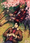  2boys bad_id bad_tumblr_id bara black_hair blonde_hair brown_pants cherry_blossoms couple cris_art feet_out_of_frame from_above hulkling interlocked_fingers layered_shirt long_sideburns looking_at_another male_focus marvel multiple_boys own_hands_together pants petals red_shirt shirt short_hair sideburns sleeping smile thick_eyebrows wiccan yaoi 