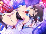  1girl armpits asuka_(senran_kagura) bare_shoulders bed bed_sheet black_bra black_hair black_thighhighs blue_bra blue_thighhighs blush bow bra braid braided_bun breasts brown_eyes butt_crack chinese_clothes cleavage closed_mouth come_hither curtains detached_collar detached_sleeves double_bun falling_petals floral_print flower gold groin hair_between_eyes hair_bow hair_bun hair_flower hair_ornament hair_ribbon hand_on_own_stomach highres jewelry lantern large_breasts lens_flare light_particles looking_at_viewer lying navel official_alternate_costume official_alternate_hairstyle official_art on_back on_bed outdoors panties paper_lantern petals pillow red_nails red_ribbon red_tassel ribbon senran_kagura senran_kagura_shoujo-tachi_no_shin&#039;ei shiny_skin short_hair smile solo sparkle thighhighs thighs thong toeless_legwear two-tone_bra two-tone_thighhighs underwear water white_bow white_ribbon yaegashi_nan 