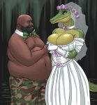  alligator alligator_kick_(meme) alligatorid anthro beard big_breasts bow_tie breasts camo choker cleavage clothed clothing crocodilian dark_body dark_skin dress eye_contact facial_hair flick-the-thief flower flower_crown gloves green_body green_scales half-closed_eyes hand_holding handwear hi_res huge_breasts human interspecies jewelry looking_at_another mammal meme narrowed_eyes necklace non-mammal_breasts orange_eyes overweight plant reptile scales scalie smile swamp topless wedding wedding_dress wedding_veil yellow_body yellow_scales 