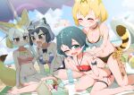  4girls absurdres alternate_costume animal_ear_fluff animal_ears aqua_eyes arm_at_side arm_support ass_visible_through_thighs barefoot beach beach_towel beach_umbrella behind_another bikini black_hair blonde_hair blush bow breasts breasts_squeezed_together brown_eyes cellien_(kemono_friends) chis_(js60216) choker cleavage cleavage_cutout closed_eyes closed_mouth clothing_cutout collarbone common_raccoon_(kemono_friends) crab day extra_ears facing_another fang feeding fennec_(kemono_friends) flat_chest food fox_ears fox_girl fox_tail front-tie_bikini_top front-tie_top furrowed_brow grey_hair grin groin hair_between_eyes hand_on_another&#039;s_shoulder hand_up hands_up hat hat_removed headwear_removed highres holding holding_food holding_popsicle kaban_(kemono_friends) kemono_friends kneeling leaning_forward looking_at_another medium_breasts medium_hair multicolored_hair multiple_girls navel ocean open_mouth outdoors popsicle raccoon_ears raccoon_girl raccoon_tail revision sand serval_(kemono_friends) short_hair side-tie_bikini_bottom sitting skindentation smile stomach sunlight swimsuit tail thigh_gap thigh_strap toes towel twisted_torso umbrella wariza water white_hair 