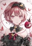  1girl absurdres alternate_costume animal bare_shoulders black_dress bug butterfly collarbone detached_collar dress eyeball hanaya_(fleur) highres komeiji_satori open_mouth pink_eyes pink_hair short_hair solo third_eye touhou upper_body 