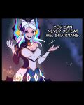  1girl breasts cleavage dress english_text gem gloves grin hair_horns hands_up highres large_breasts league_of_legends long_hair morgana_(league_of_legends) nail_polish purple_lips shir0samaa smile solo space star_guardian_(league_of_legends) star_nemesis_morgana teeth white_dress white_gloves 