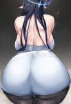  1girl ass ass_focus back backboob bare_shoulders black_hair black_pantyhose blue_archive blue_hair blue_halo breasts dress from_behind gradient_background grey_background halo highres large_breasts long_hair multicolored_hair pantyhose pointy_ears rin_(blue_archive) solo thigh_gap two-tone_hair tyamurai33 white_dress 