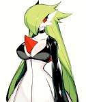 1girl black_choker breasts choker cleavage collarbone colored_skin cowboy_shot gardevoir green_hair hair_over_one_eye large_breasts latex long_hair pokemon pokemon_(creature) simple_background solo spikes standing usa37107692 very_long_hair white_background white_skin 