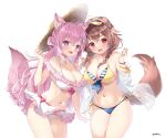  2girls :d animal_ears antenna_hair bikini bikini_skirt blue_bikini blush bone_hair_ornament braid breasts brown_hair cleavage collarbone commentary_request crossed_bangs dog_ears dog_girl dog_tail fangs french_braid hair_between_eyes hair_ornament hakui_koyori hexagon_hair_ornament highres hololive inugami_korone large_breasts layered_bikini long_hair mikeou mismatched_bikini multiple_girls nail_polish navel open_mouth pink_hair purple_eyes red_eyes side-tie_bikini_bottom simple_background smile standing striped striped_bikini swimsuit tail twin_braids twitter_username virtual_youtuber white_background white_bikini wolf_ears wolf_girl wolf_tail yellow_bikini 