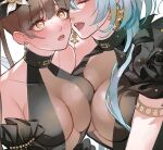  2girls aqua_hair blush brown_eyes brown_hair character_request closed_eyes commentary_request earrings heart heart-shaped_pupils jewelry mamaloni multiple_girls parted_lips path_to_nowhere symbol-shaped_pupils teeth upper_teeth_only yuri 