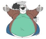  ambiguous_gender anthro belly big_belly big_tail bottomwear clothing denim denim_clothing fur green_clothing green_eyes grey_body grey_fur hi_res jeans kittyfred mammal moobs overweight pants patterson_(pattraccoon) procyonid raccoon smile solo tail tail_motion tailwag white_body white_fur wide_hips 