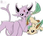  ambiguous_gender black_eyes blep colored duo eeveelution espeon feral flat_colors fur generation_2_pokemon generation_4_pokemon hi_res kifyun2 leafeon looking_at_viewer lying nintendo on_back on_side open_mouth pink_body pink_fur pokemon pokemon_(species) text tongue tongue_out yellow_body yellow_fur 