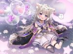  1girl animal_ears balloon belt blush boots cat_ears collar collarbone commentary_request flower flower_wreath happy_birthday jacket long_hair looking_at_viewer neo-porte open_mouth poncho_(31103105) purple_eyes simple_background sleeveless solo thighhighs virtual_youtuber water yozuna_niu 