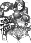  1girl belt breasts character_name commentary_request copyright_name covered_nipples cowboy_shot elbow_pads english_text fingerless_gloves flexing gloves greyscale hand_guard hand_on_own_hip kazama_asuka large_breasts looking_at_viewer midriff monochrome short_hair shorts signature skidrow sleeveless smile solo sports_bra tekken unzipped 