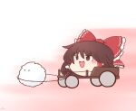  1girl 216 :d blush bow brown_eyes brown_hair commentary_request frilled_bow frilled_hair_tubes frills full_body hair_between_eyes hair_bow hair_tubes hakurei_reimu kedama_(touhou) looking_afar medium_bangs open_mouth pullcart red_bow short_hair sidelocks smile solo speed_lines touhou v-shaped_eyebrows yukkuri_shiteitte_ne 