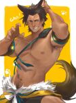  1boy abs animal_ears animal_hands armlet armpit_hair armpits bara black_hair black_shorts blush brown_eyes check_copyright chest_hair claw_pose copyright_request cowboy_shot dark-skinned_male dark_skin fur_trim gao grin hand_on_own_head hand_up highres large_pectorals looking_at_viewer male_focus muscular muscular_male navel navel_hair nipples original pectorals short_hair shorts sideburns smile solo stomach tail topless_male tuffy_0317 wolf_boy wolf_ears wolf_tail 