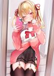  :p absurdres blonde_hair blush bow breasts cellphone choker cross dress_shirt garter_straps highres holding holding_phone hoshikawa_sara jacket large_breasts miniskirt mirror nijisanji niku_(hamuchang) phone red_eyes seiza shirt sitting skirt star_(symbol) tongue tongue_out twintails virtual_youtuber wooden_floor zettai_ryouiki 