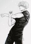  1boy artist_name black_pants black_shirt bom61487782 cowboy_shot cross-body_stretch gojou_satoru greyscale highres jujutsu_kaisen male_focus monochrome muscular muscular_male pants parted_lips shirt skin_tight solo standing stretching t-shirt white_background white_hair 