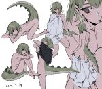  1boy all_fours back bare_legs barefoot black_shirt brown_eyes close-up collage cropped_legs crossed_ankles double-parted_bangs dragon_boy dragon_tail feet flat_chest full_body green_hair hana_(adey) head_on_hand highres knees_up looking_at_viewer looking_to_the_side medium_hair messy_hair nipples nude original otoko_no_ko penis shirt sitting sketch skirt standing tail tail_raised ten_(lu2948d) towel undressing white_background white_skirt 